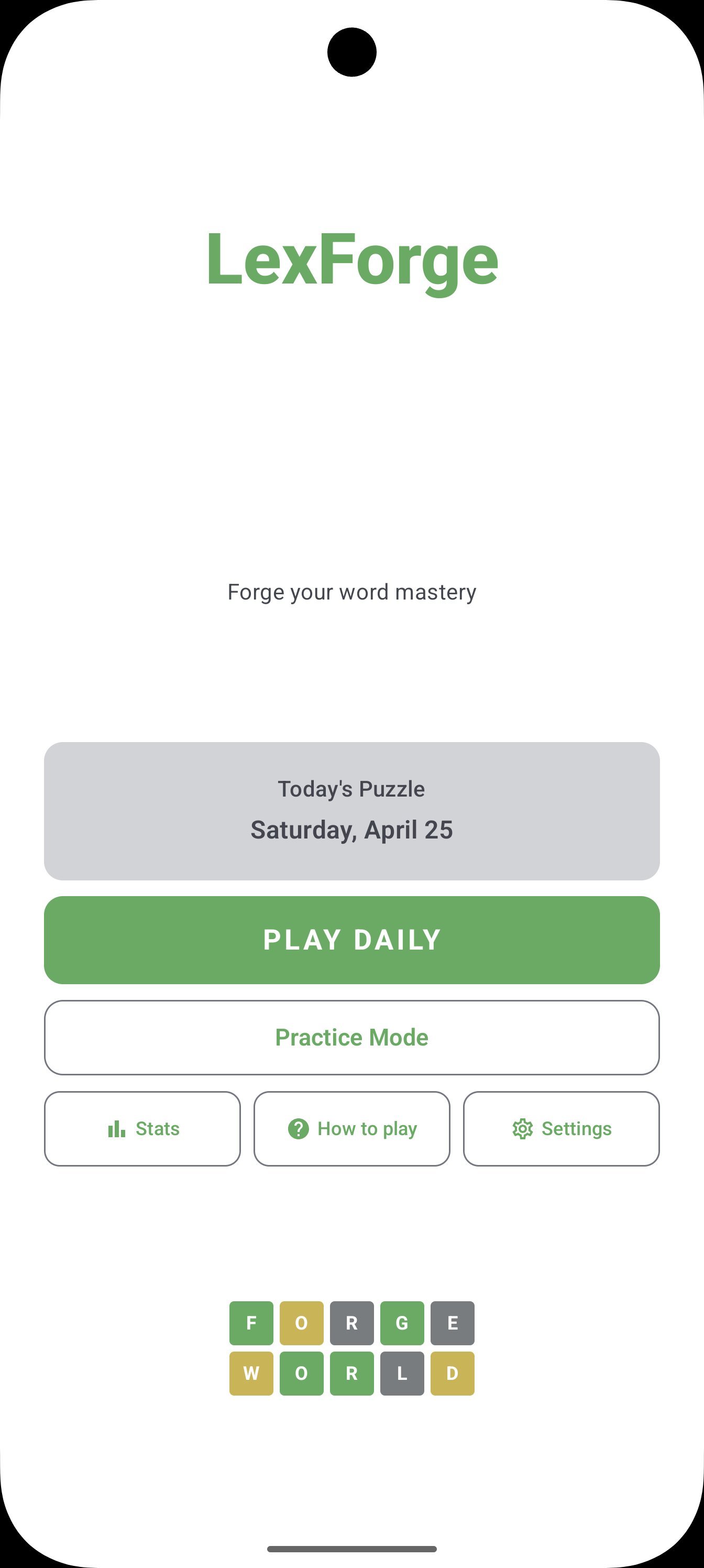 LexForge Android word puzzle game home screen