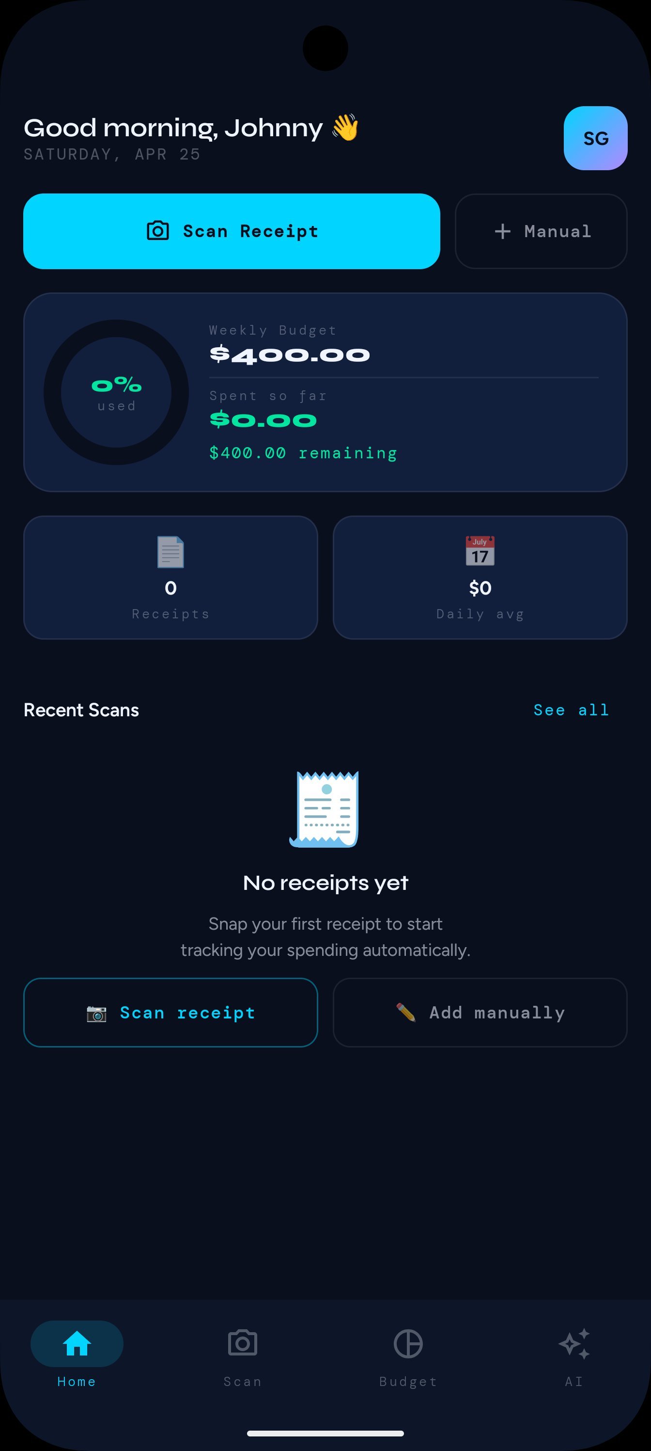 SpendLens Android app — receipt scanner and AI budget tracker home screen