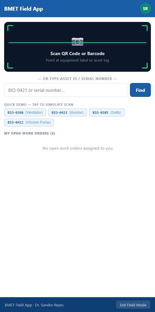 WorkOrder Pro BMET field app QR scan screen
